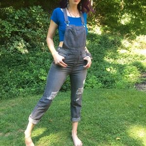 Cropped denim distressed gray overalls